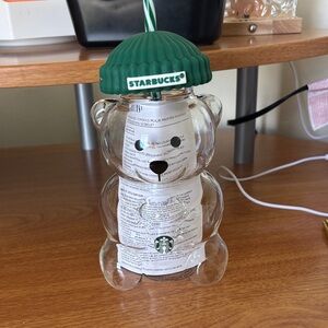Starbucks Clear Bear Glass Tumbler with Green Lid and Green-White Straw